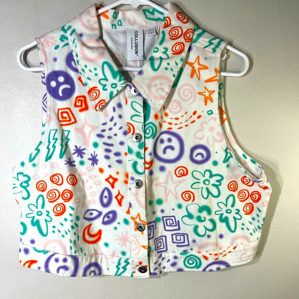 COLLUSION Sad Face Denim Vest Women’s size 14
